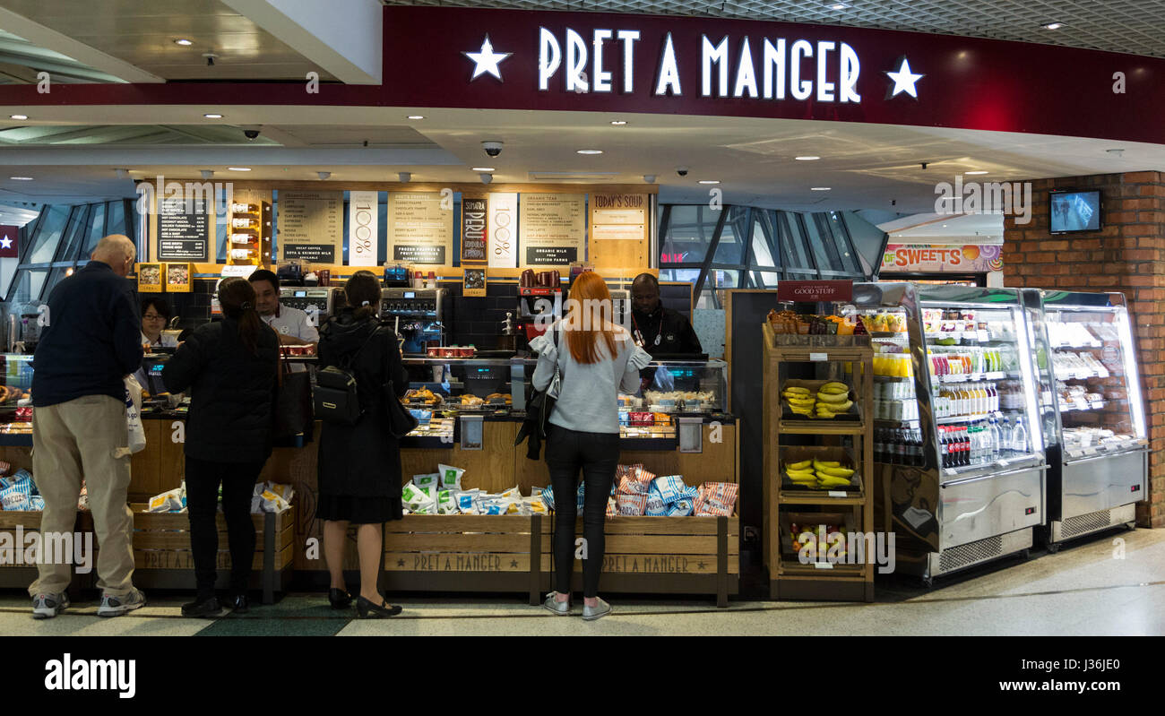 Pret a Manger coffee shop with customers at Bond Street Station, London