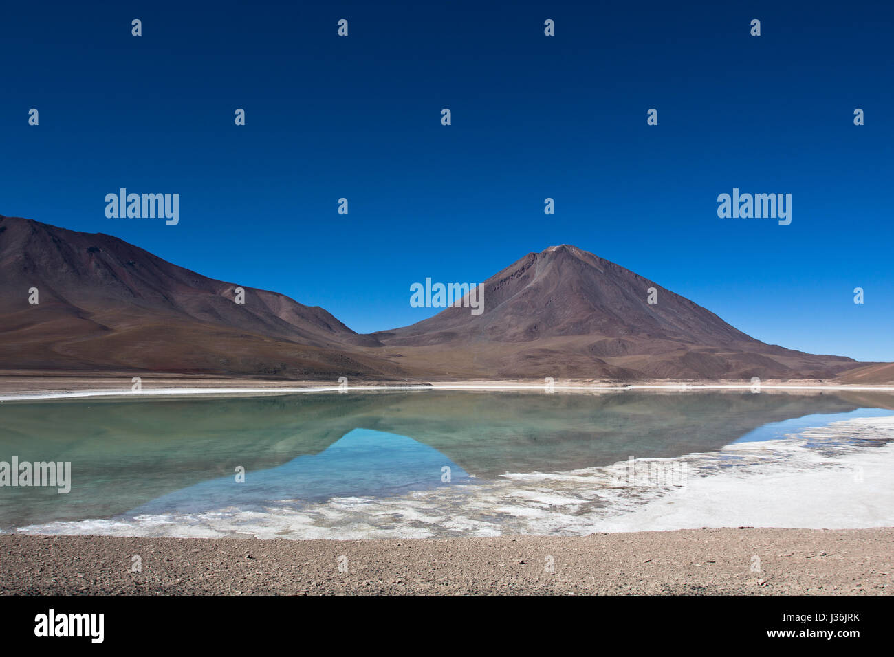 Lagoon with birds and pelicans with colorful mountains. Landscape of the Salar de Uyuni and lagoons like Laguna Verde or Laguna Colorada in the nation Stock Photo