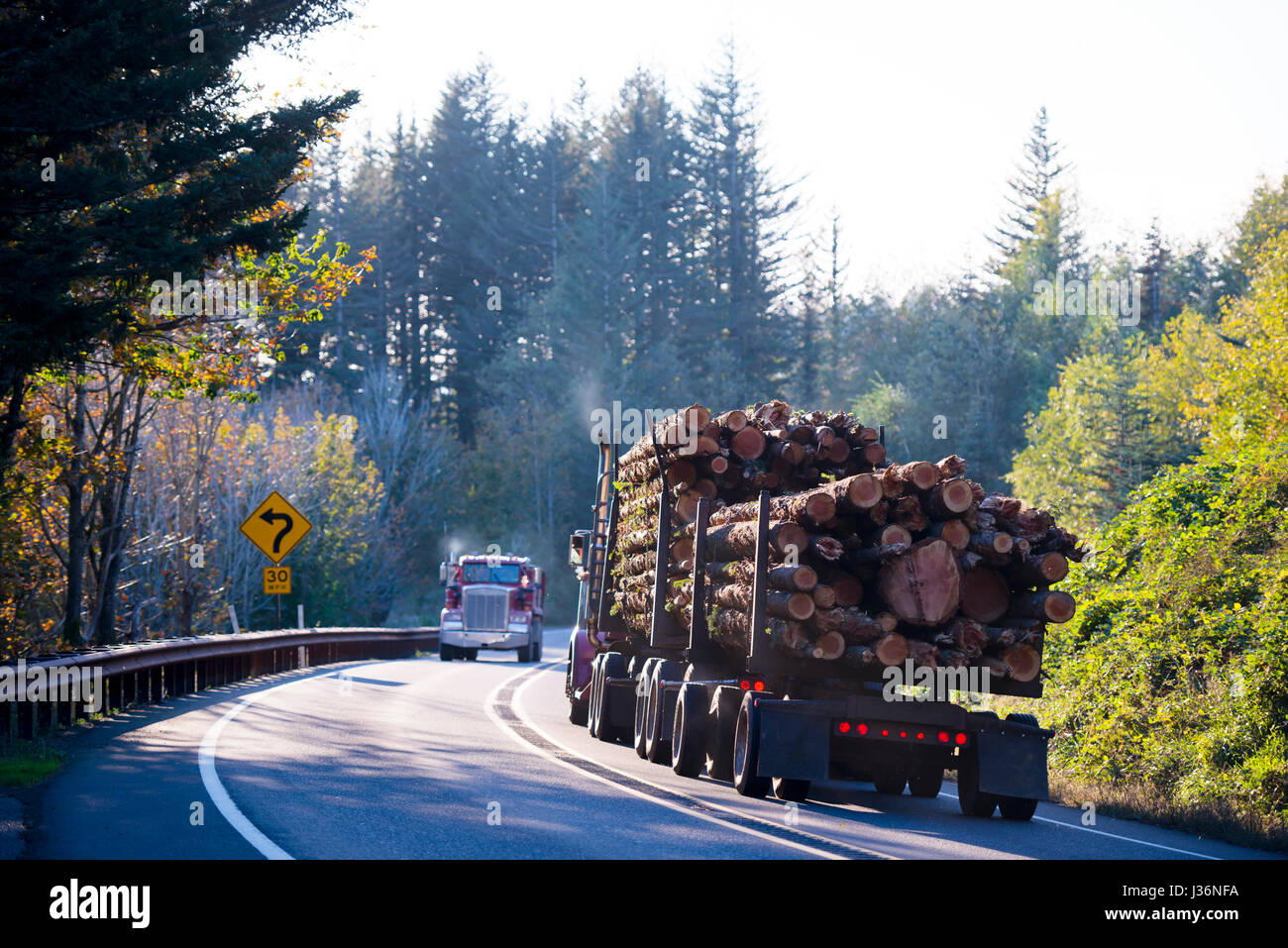 Huge powerful big rig semi truck with two flat bed trailers ...