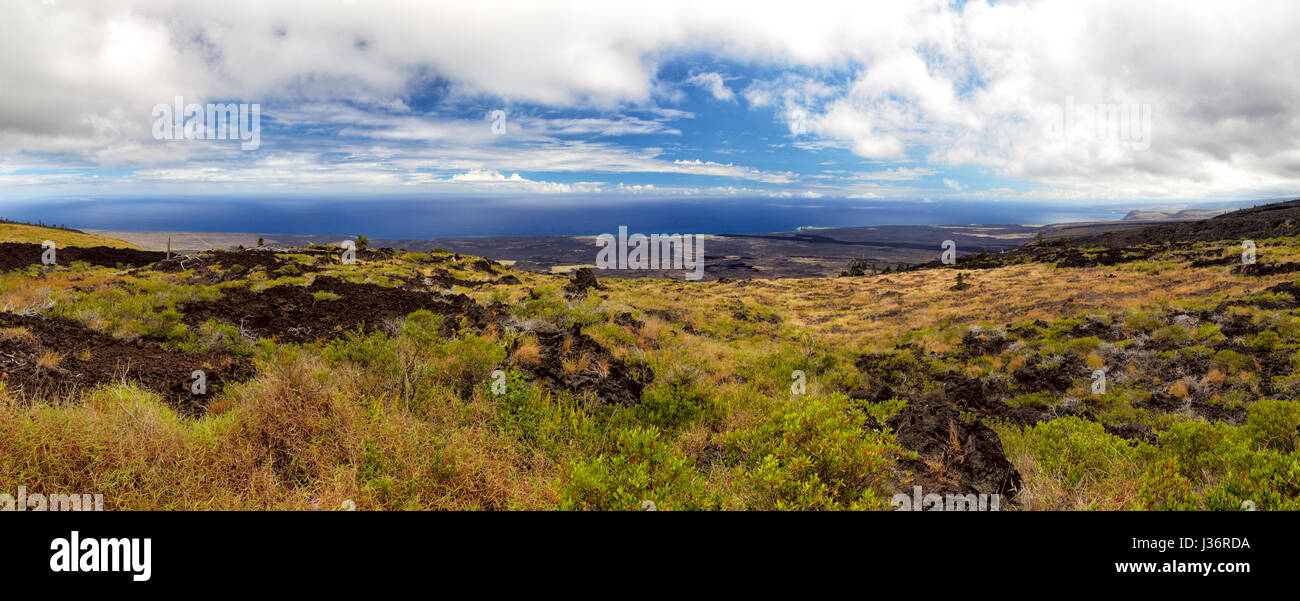 Panoramic view on the south coast of Big Island from the Chain of Craters Road in the Hawaii Volcanoes National Park on Big Island, Hawaii, USA. Stock Photo