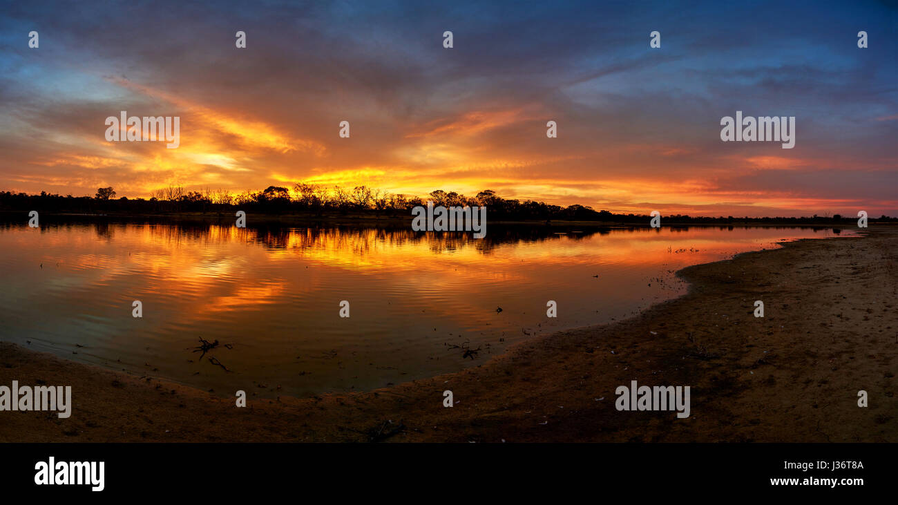 Autumn, sunset of billabong in the Merbein Common. Situated just a few kilometres from Mildura in North Western Victoria. Stock Photo
