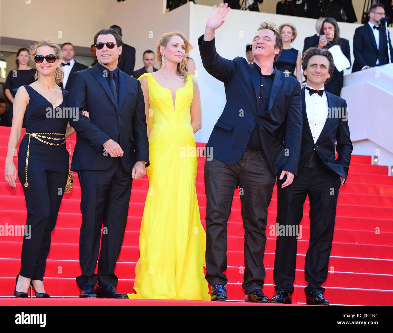Celebration of the 20th birthday of 'Pulp fiction' : Kelly Preston, John Travolta, Uma Thurman, Quentin Tarantino, Lawrence Bender  67th Cannes film Festival  Red carpet, 'Sils Maria'  May 23, 2014 Stock Photo