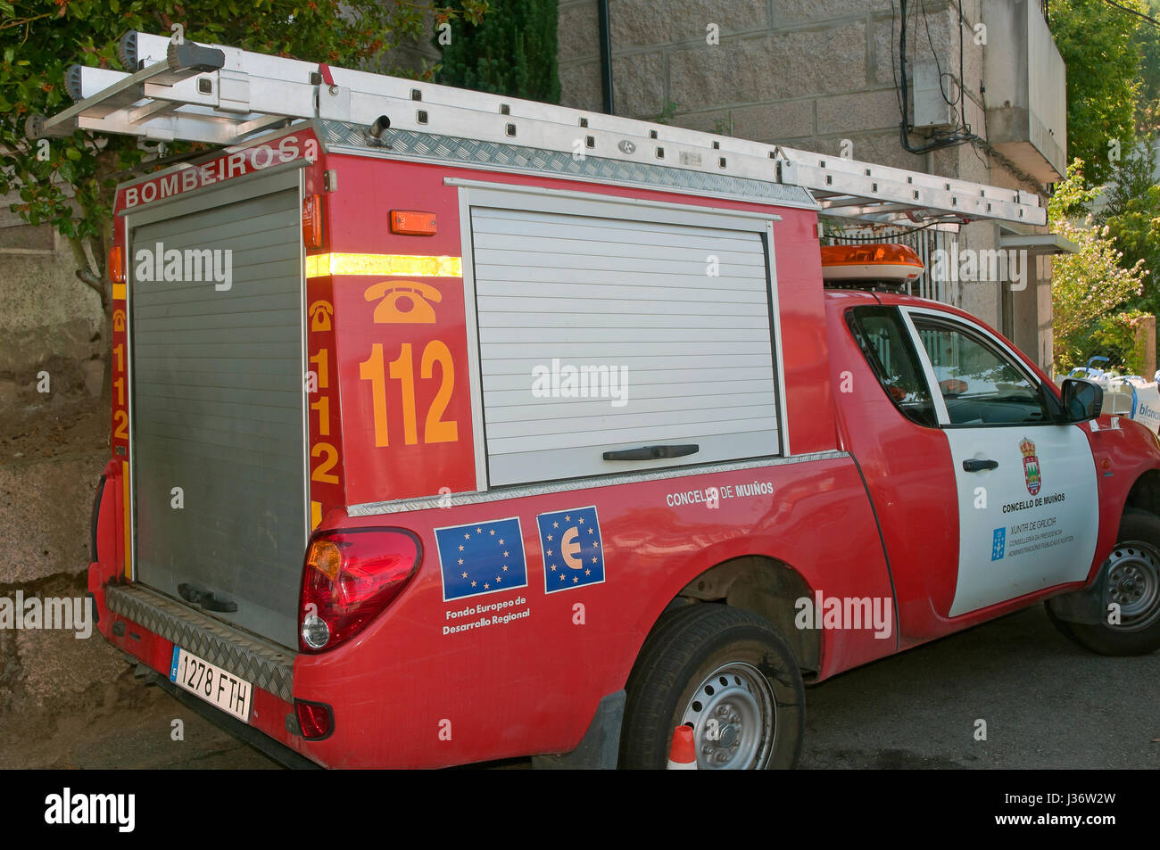 Fire vehicle, Mugueimes-Muinos, Orense province, Region of Galicia, Spain, Europe Stock Photo