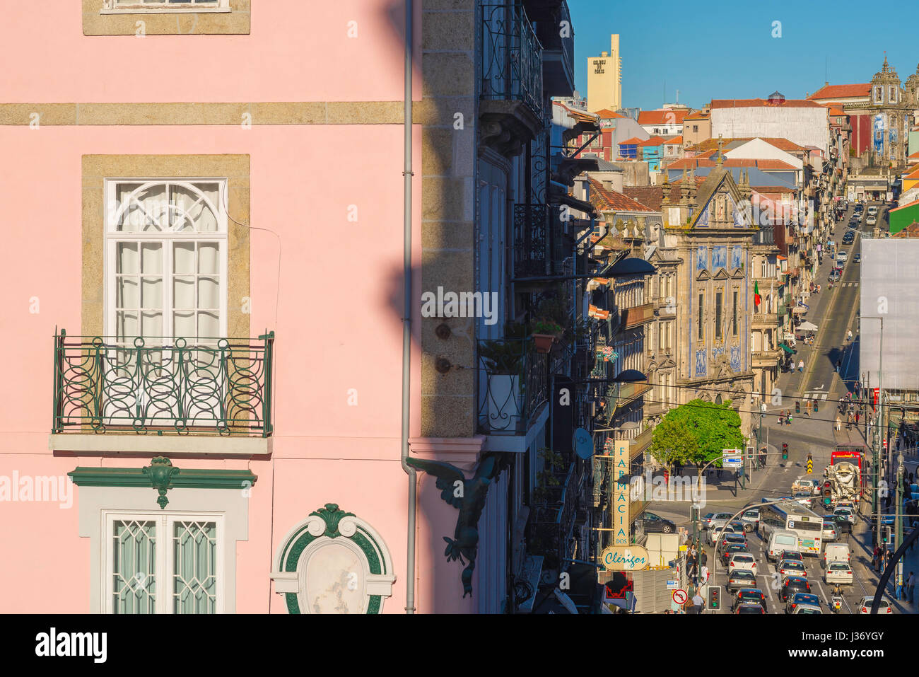 Porto Portugal center, view in summer along the Rua dos Clerigos in central Porto, with the Igreja dos Congregados in the middle distance, Portugal Stock Photo