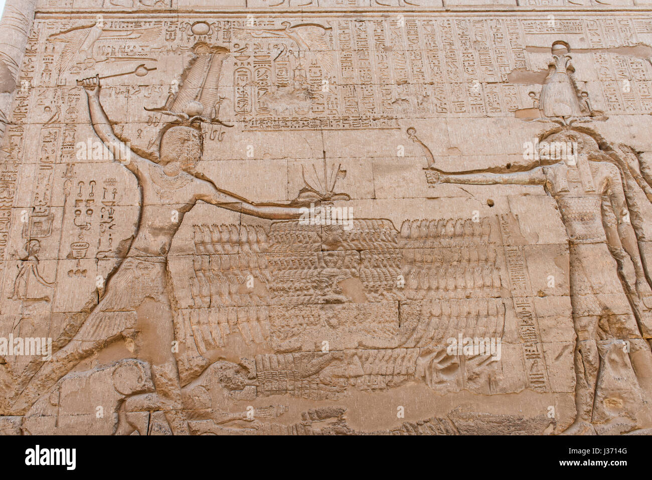 Hieroglypic carvings on wall at the ancient egyptian temple of Khnum in ...