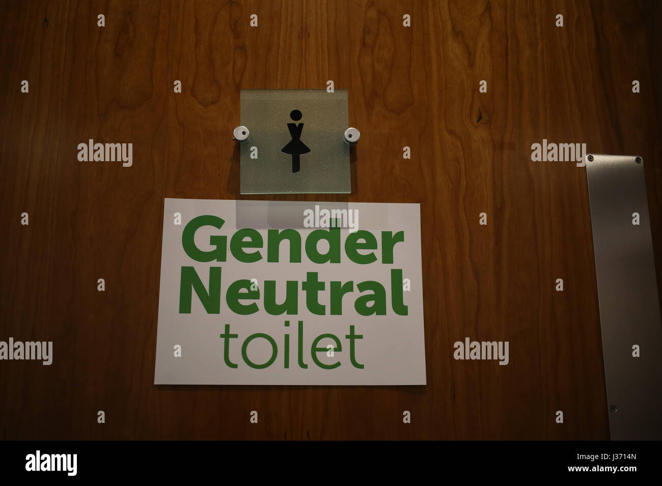 A temporary Gender Neutral toilet sign on a Ladies  loo door at a venue in Perthshire Scotland Stock Photo