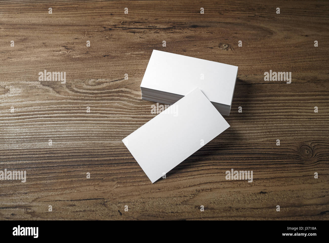 Empty Blank Business Cards On Wood Table Background Stock Photo