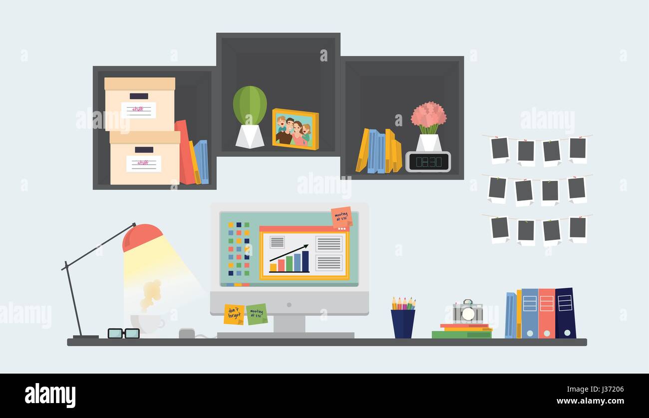Vector illustration. Flat design of modern business workplace. Business ...
