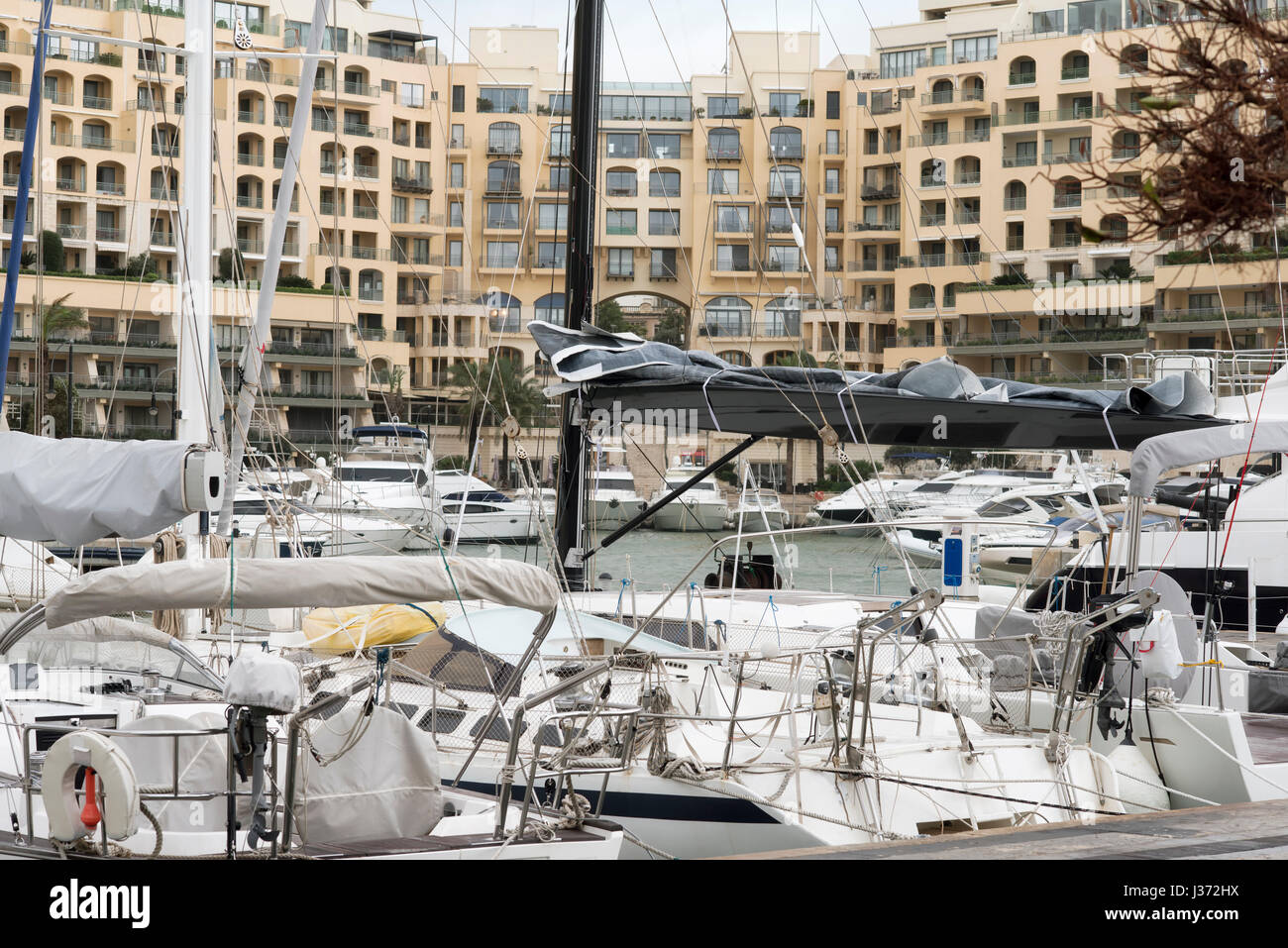 Sailboats and yachts moored at Portomaso Marina in St. Julian, Malta
