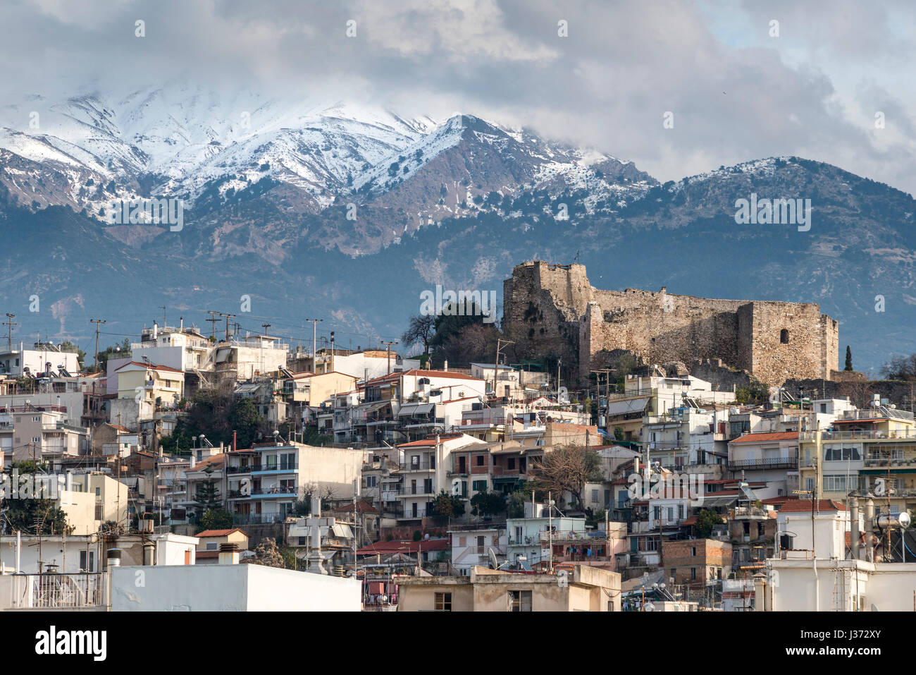 Looking towards old Patras and its castle, with Mount Panachaiko in the background, Patras, Achaea, Peloponnese, Greece Stock Photo