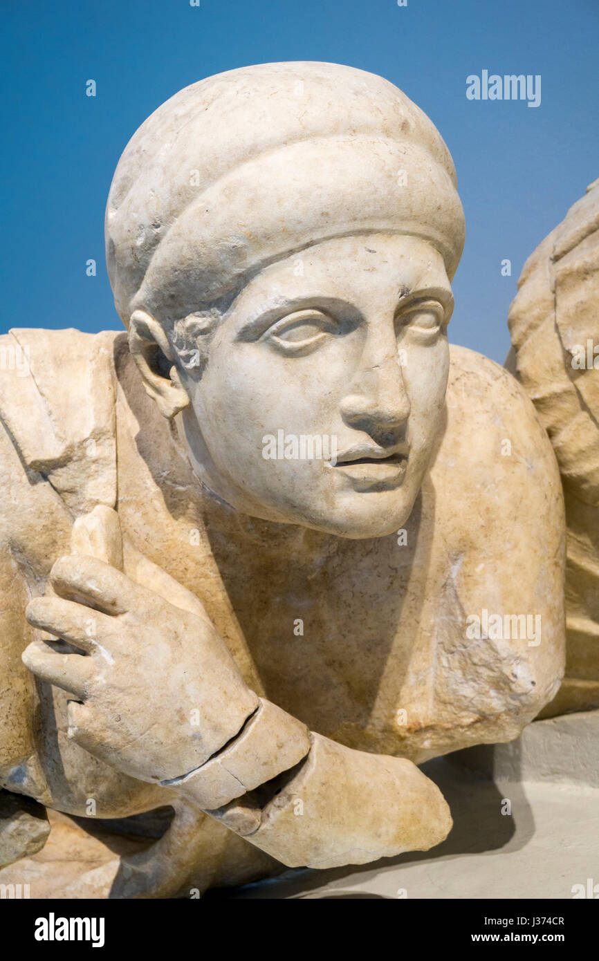 Detail of a 4th century BC statue of a female Lapith, on the West pediment of the Temple of Zeus. Archaeological  museum, Ancient Olympia, Peloponnese Stock Photo