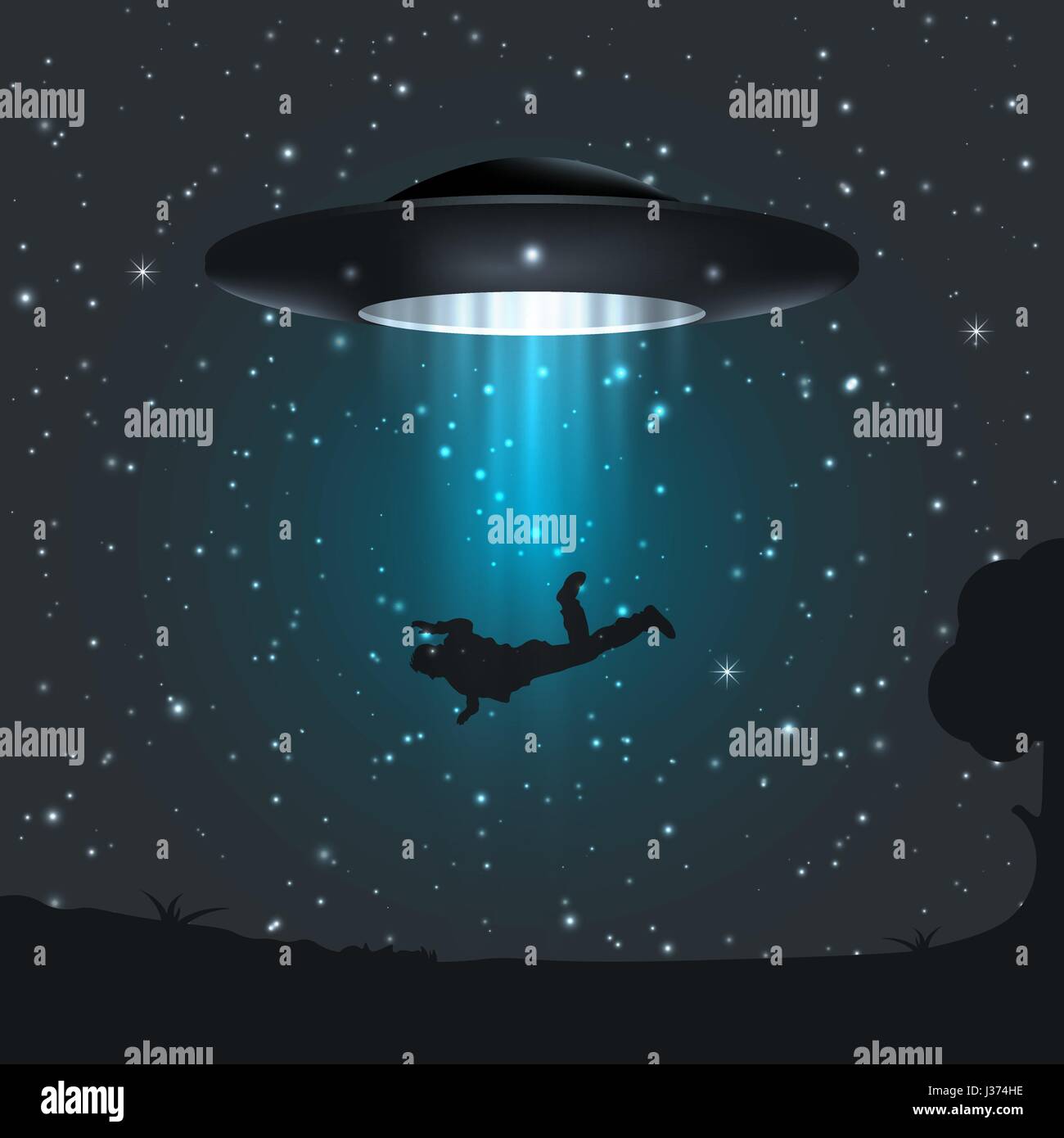 Illustration of dark night a UFO abducts human. Stock Vector