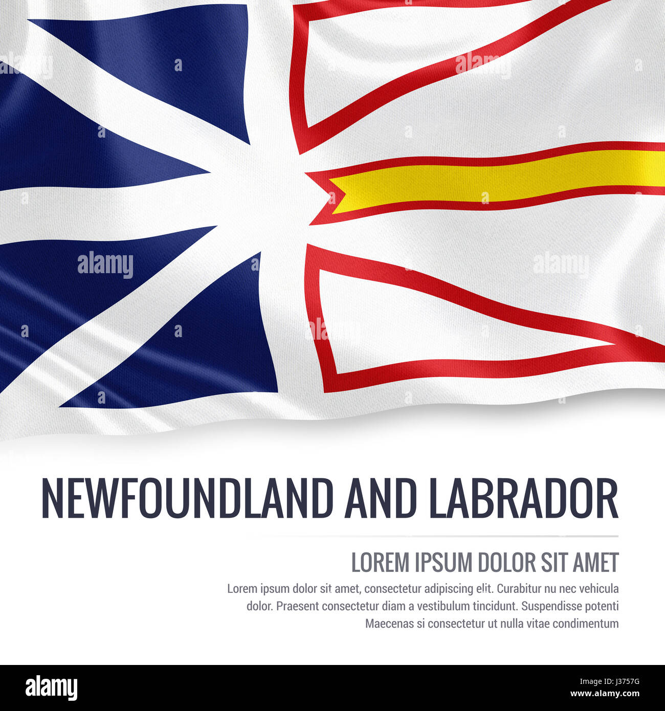Canadian state Newfoundland and Labrador flag waving on an isolated white background. State name and the text area for your message. Stock Photo