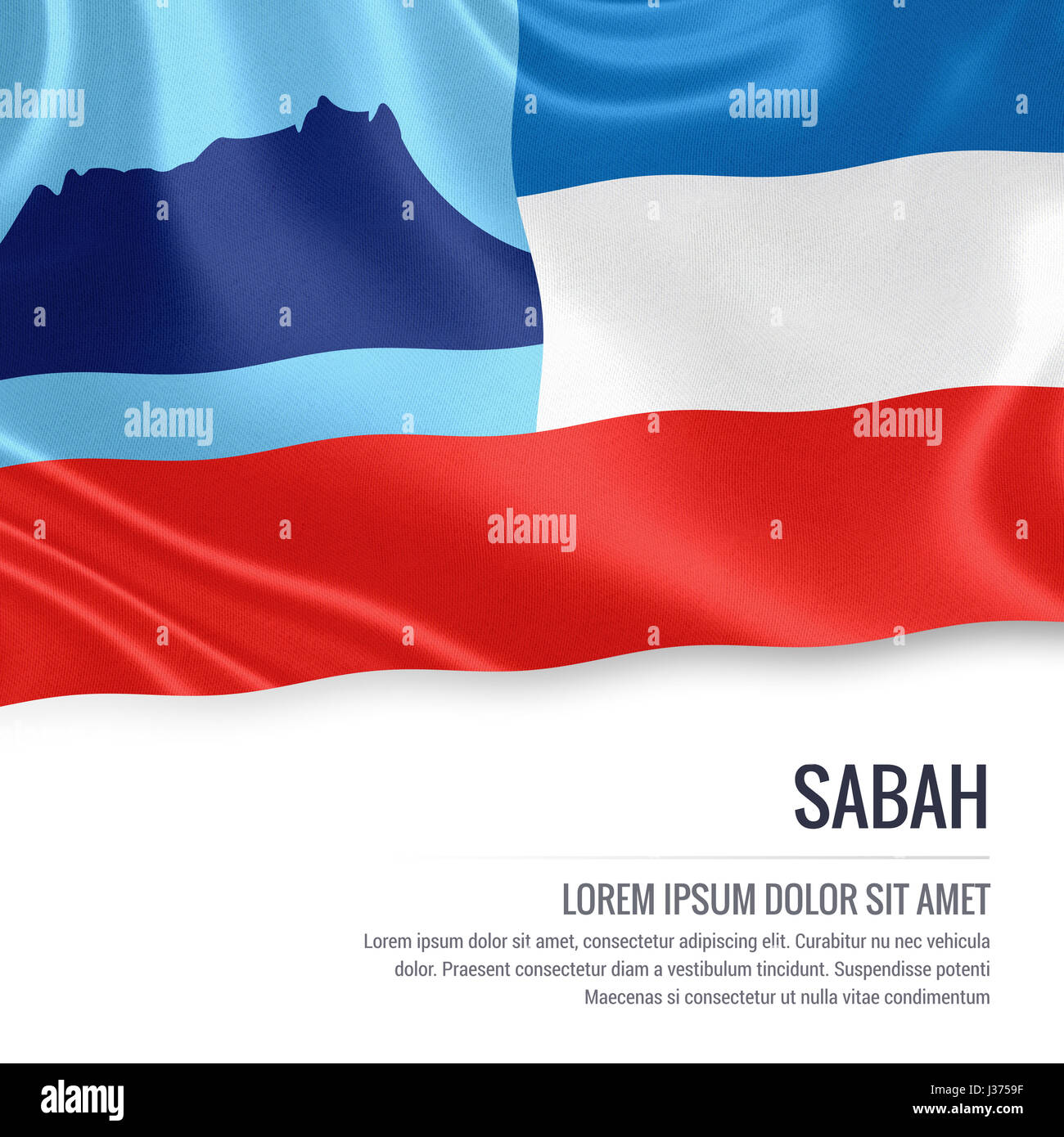 Sabah flag. Flag of Malaysian state Sabah waving on an isolated white background. State name and the text area for your message. 3D illustration. Stock Photo