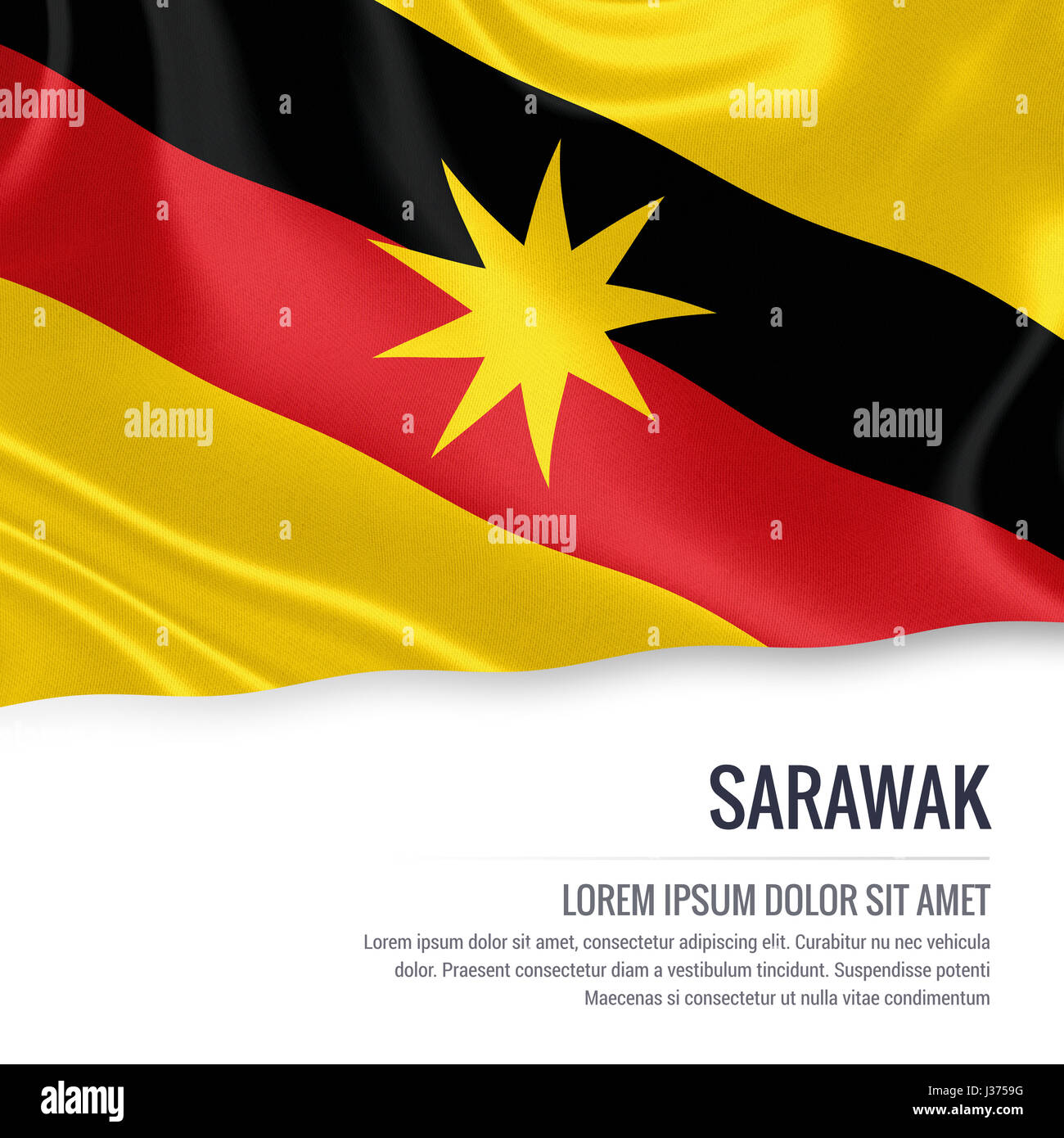 Sarawak flag. Flag of Malaysian state Sarawak waving on an isolated white background. State name and the text area for your message. 3D illustration. Stock Photo