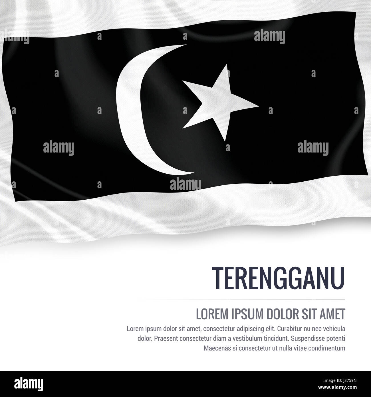 Terengganu flag. Flag of Malaysian state Terengganu waving on an isolated white background. State name and the text area for your message. 3D illustra Stock Photo