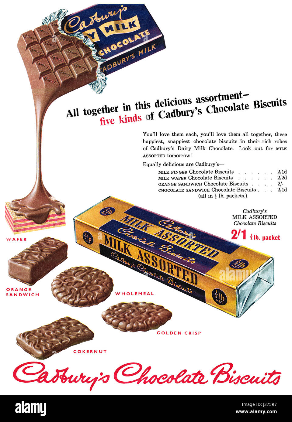 1954 British advertisement for Cadburys Milk Assorted Chocolate Biscuits. Stock Photo