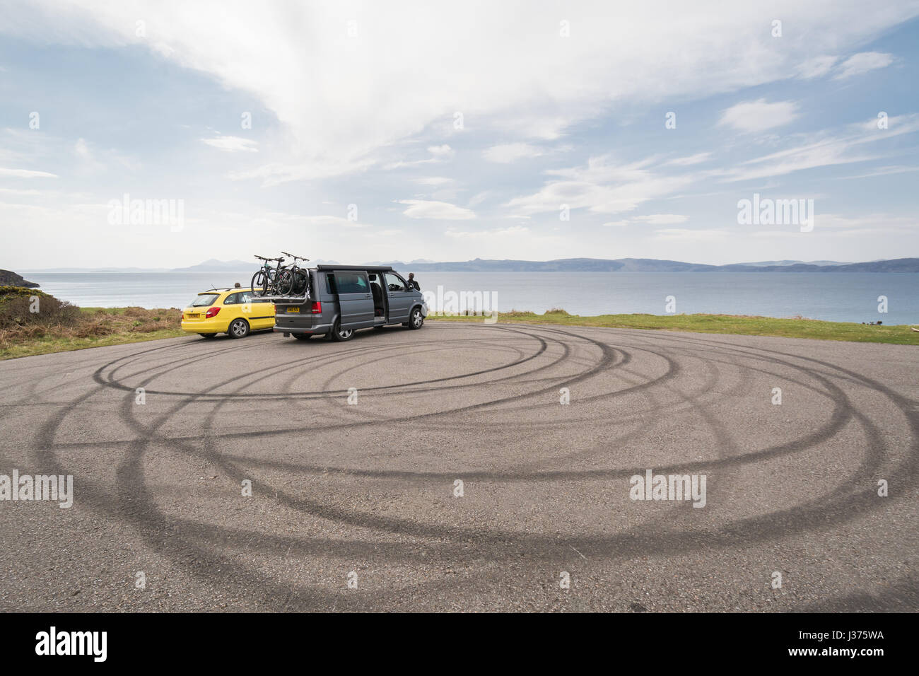 Donuts skid marks at scenic viewpoint in Wester Ross, Scottish Highlands Stock Photo