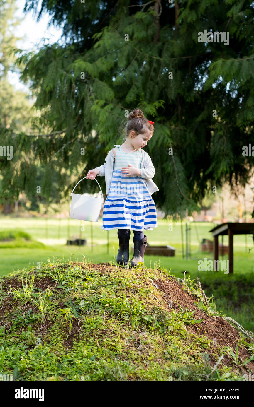 Easter Egg Hunt Outdoors in Oregon Stock Photo