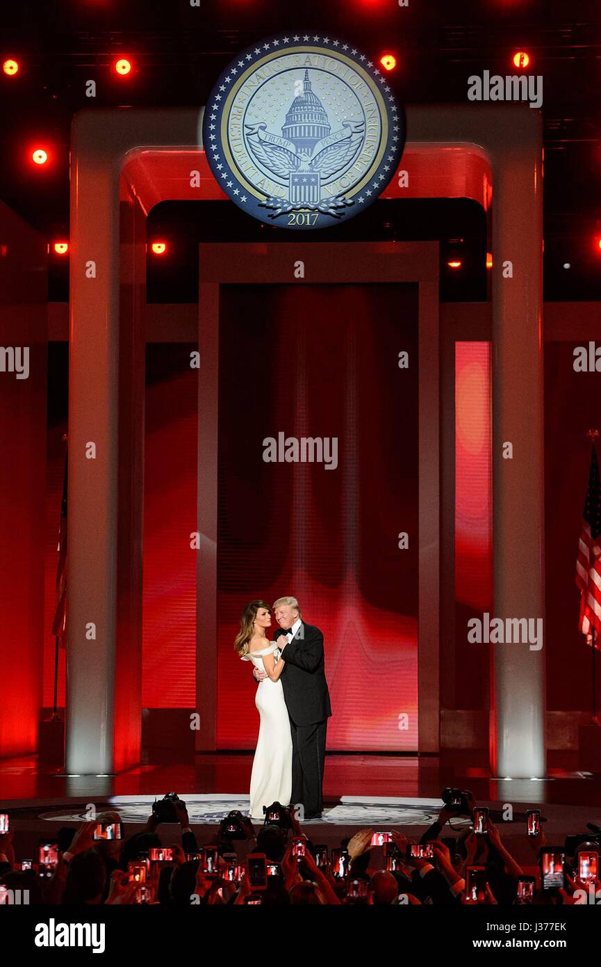 U.S. President Donald Trump and First Lady Melania Trump dance to “My Way” by Frank Sinatra during their first dance at the Liberty Ball at the Walter E. Washington Convention Center January 20, 2017 in Washington, DC.     (photo by Grant Miller/White House via Planetpix) Stock Photo