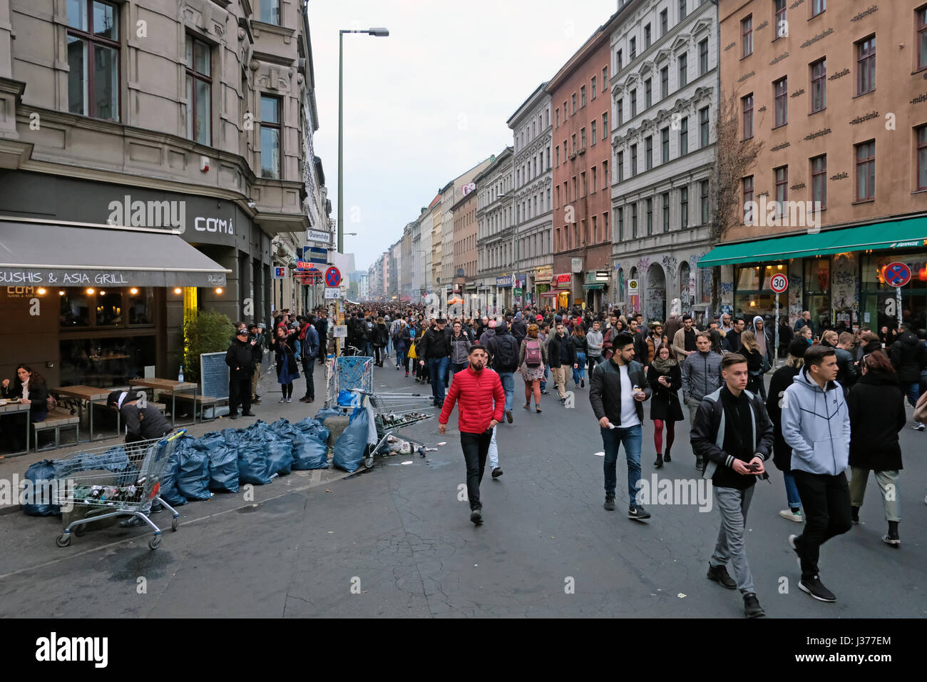 Many people , crowded street during labor day / may day in Berlin, Kreuzberg. 1.Mai in Berlin. Stock Photo
