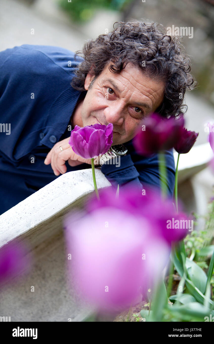 Portrait of a middle aged man near tulips Stock Photo