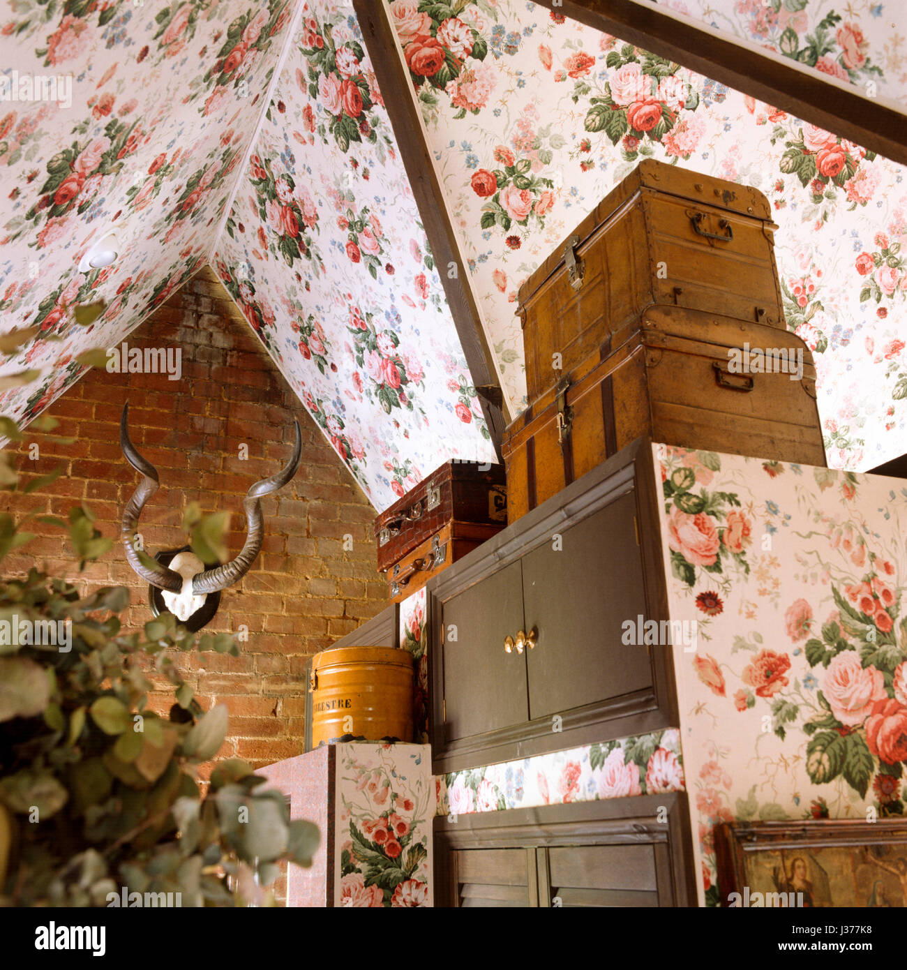 Assorted storage and floral wallpaper on the ceiling above. Stock Photo