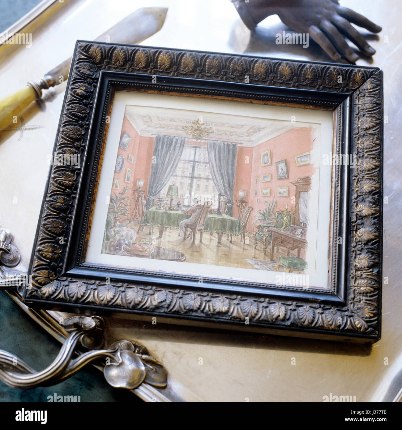 Framed illustration of dining room Stock Photo Alamy