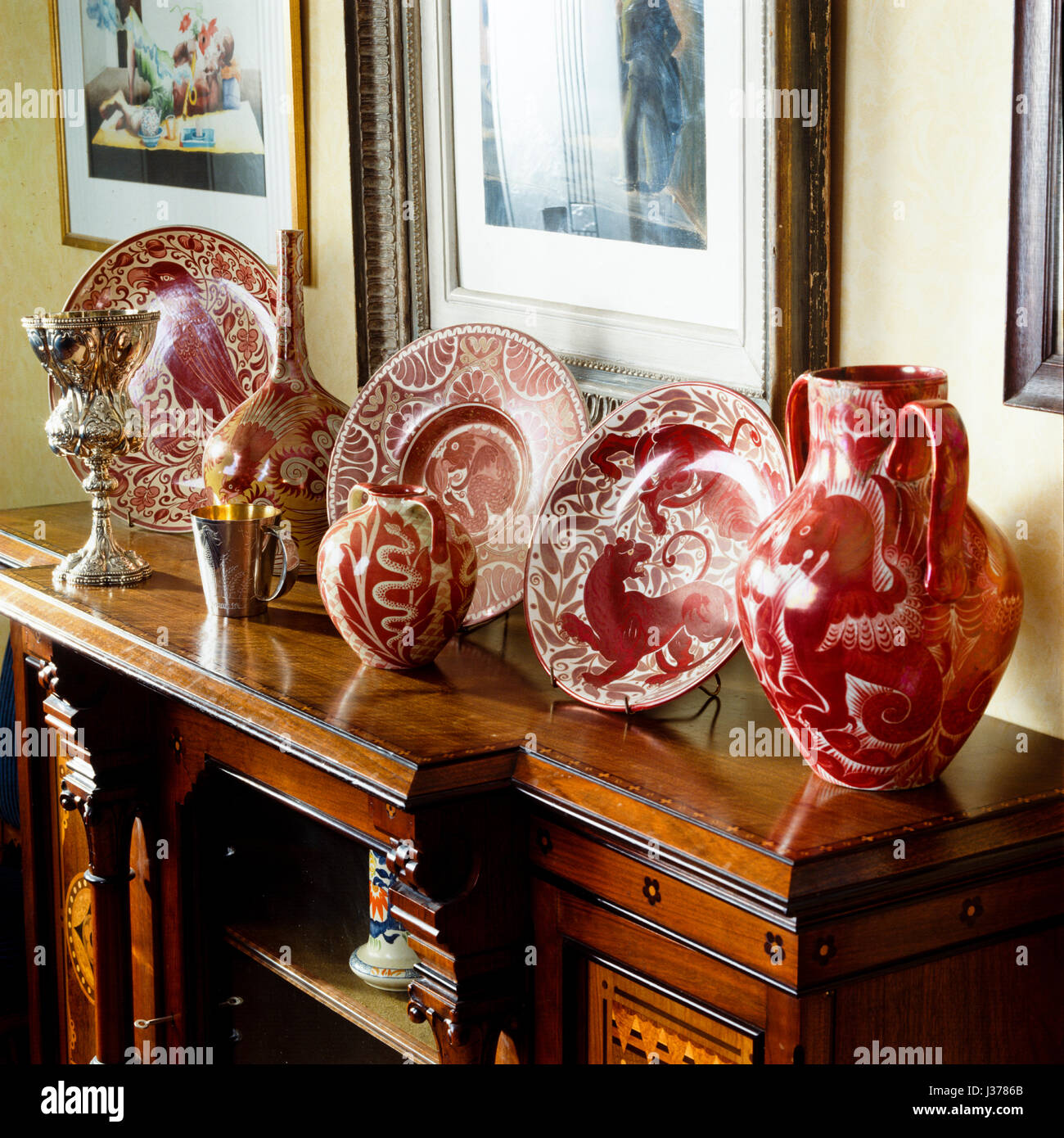 Cabinet with plates and jugs. Stock Photo
