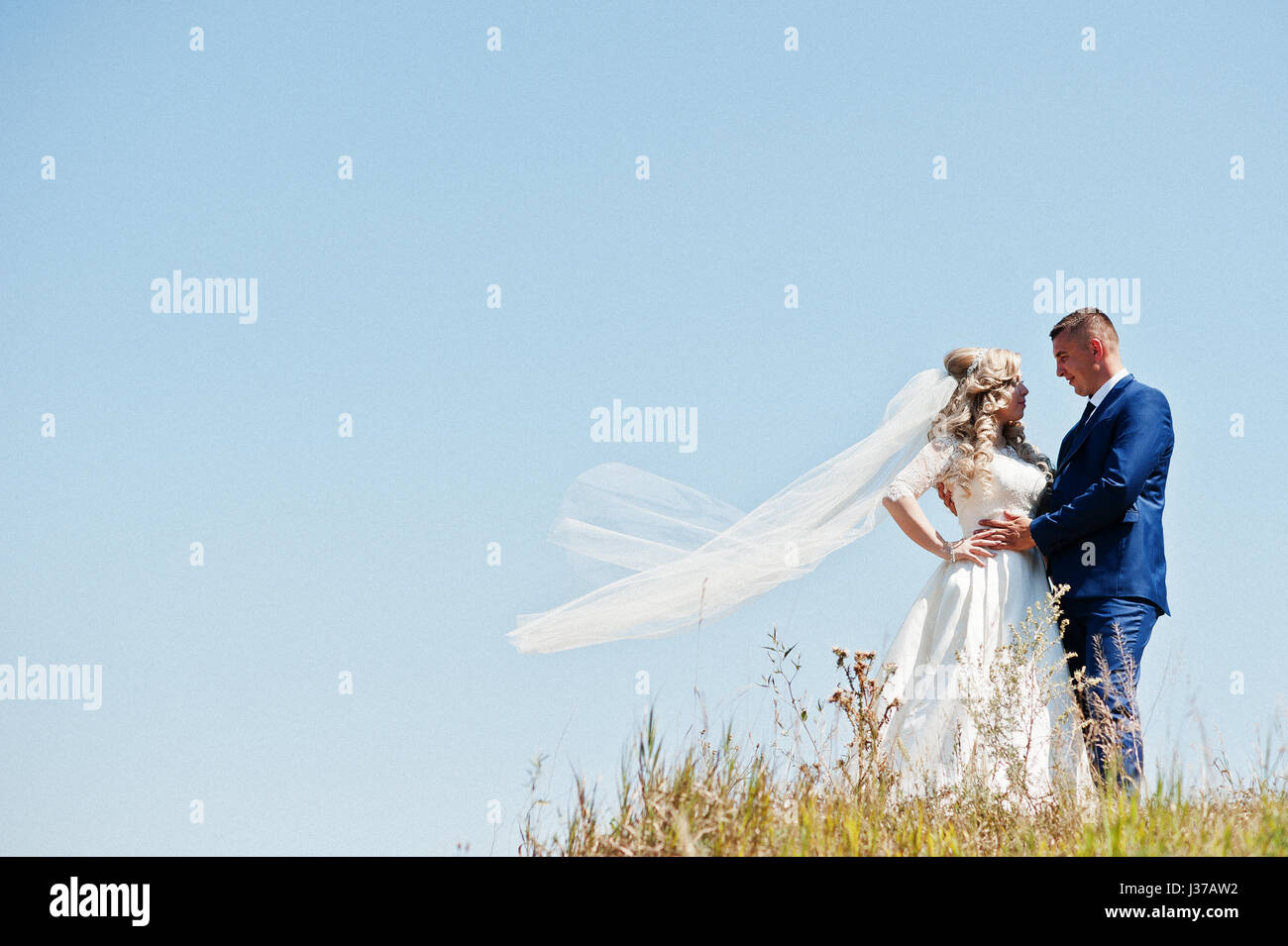 Happy wedding couple in love on sunny day stay against blue sky Stock ...