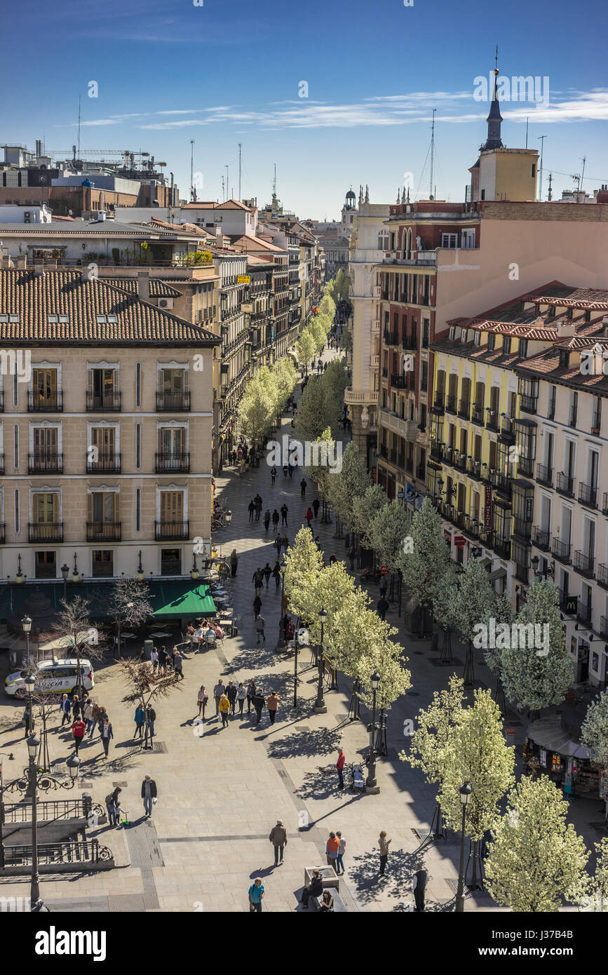 Blooming cherry trees from Plaza de Isabel II along Arenal street (Calle del Arenal) to Puerta del Sol square and clock tower, Madrid Spain Stock Photo