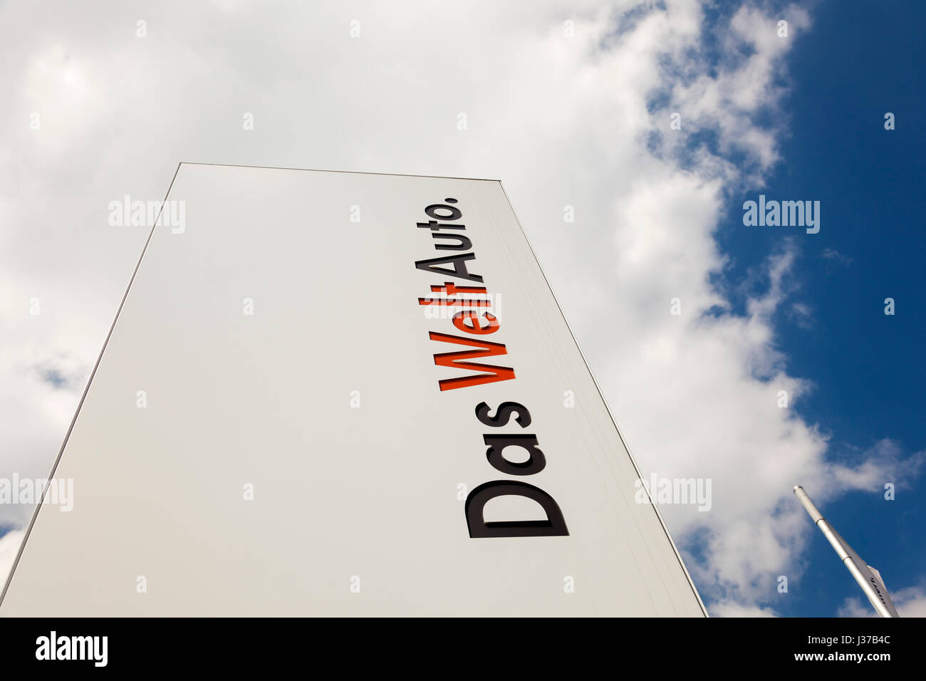 Frankfurt, Germany - March 30, 2017: Das WeltAuto advertising slogan from Volkswagen at a dealership. Das WeltAuto translates to the world car Stock Photo