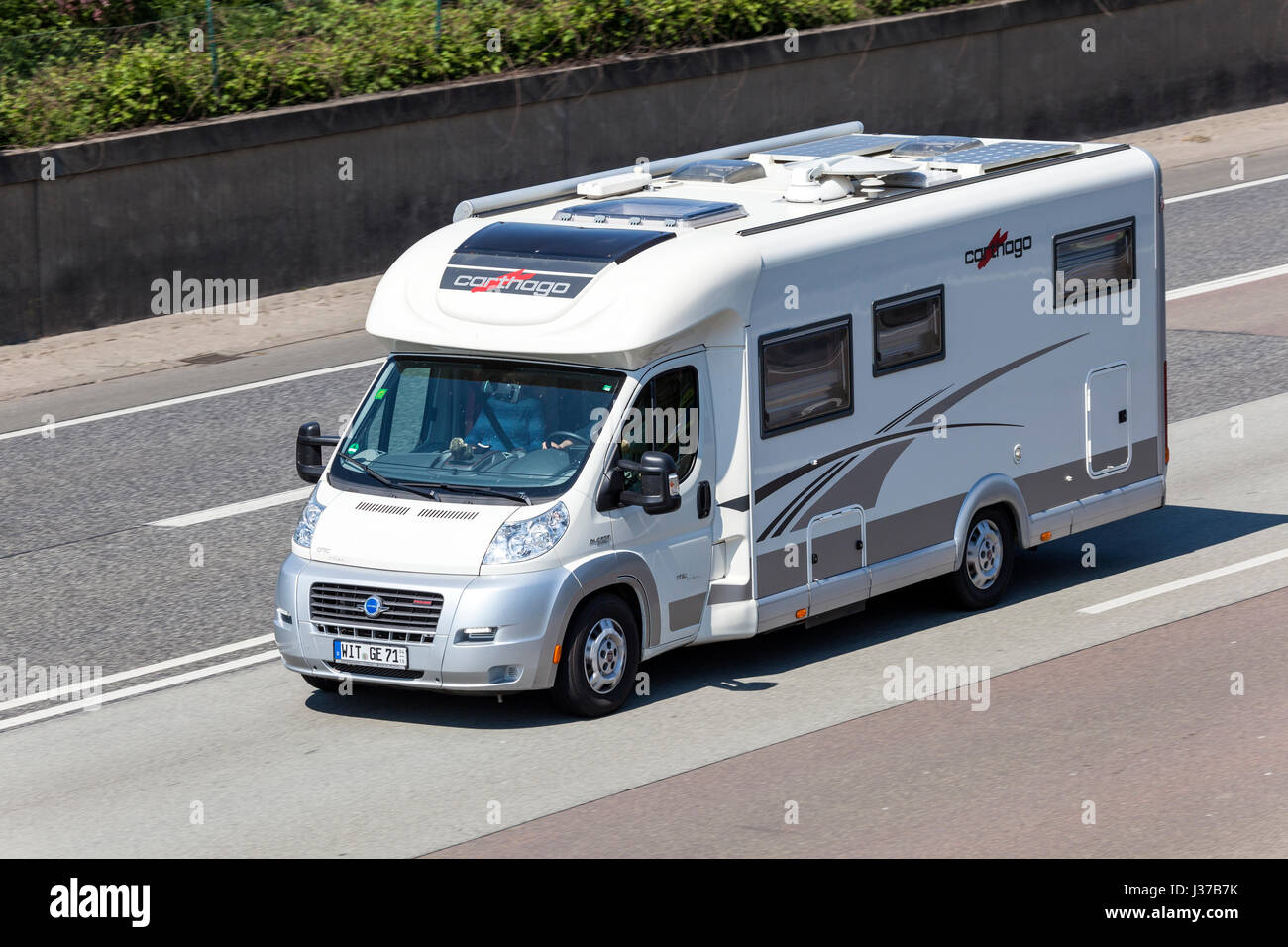 Frankfurt, Germany - March 30, 2017: Luxury Carthago motorhome on the highway A5 direction south in Germany Stock Photo