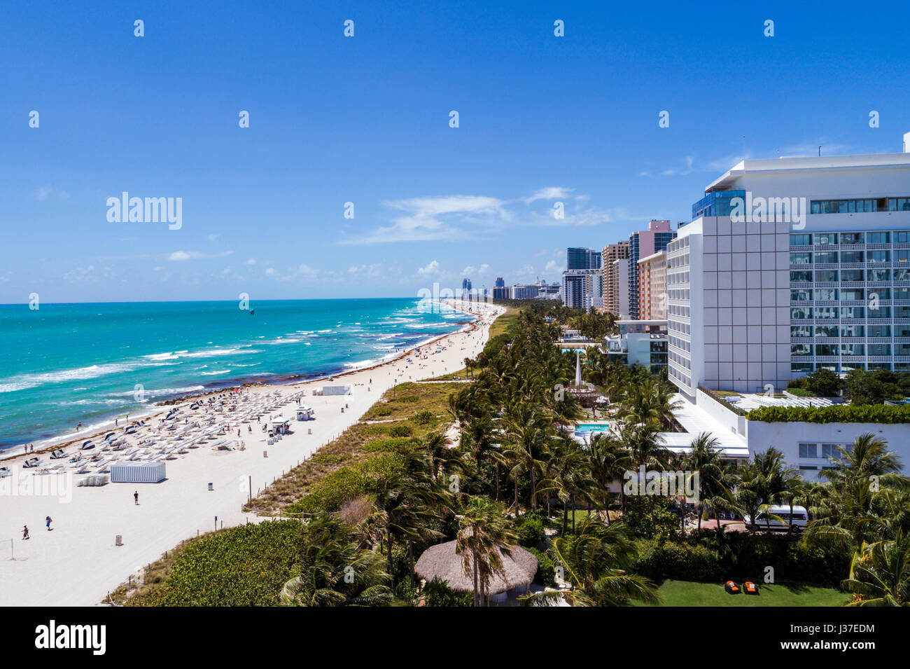 Miami Beach Florida,sand,Atlantic Ocean,surf,aerial overhead view,Edition Seville,hotel,hotels,condominium buildings,FL170429d12 Stock Photo