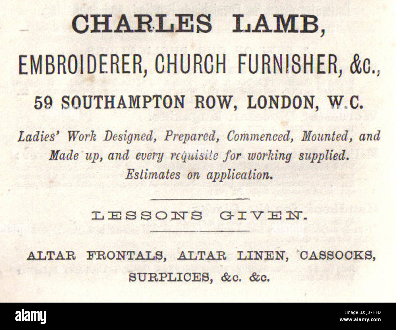 This reference is related to an advertisement featuring Charles Lamb, a prominent English essayist and poet. Lamb is known for his writings that explore themes of personal reflection and societal commentary. Stock Photo