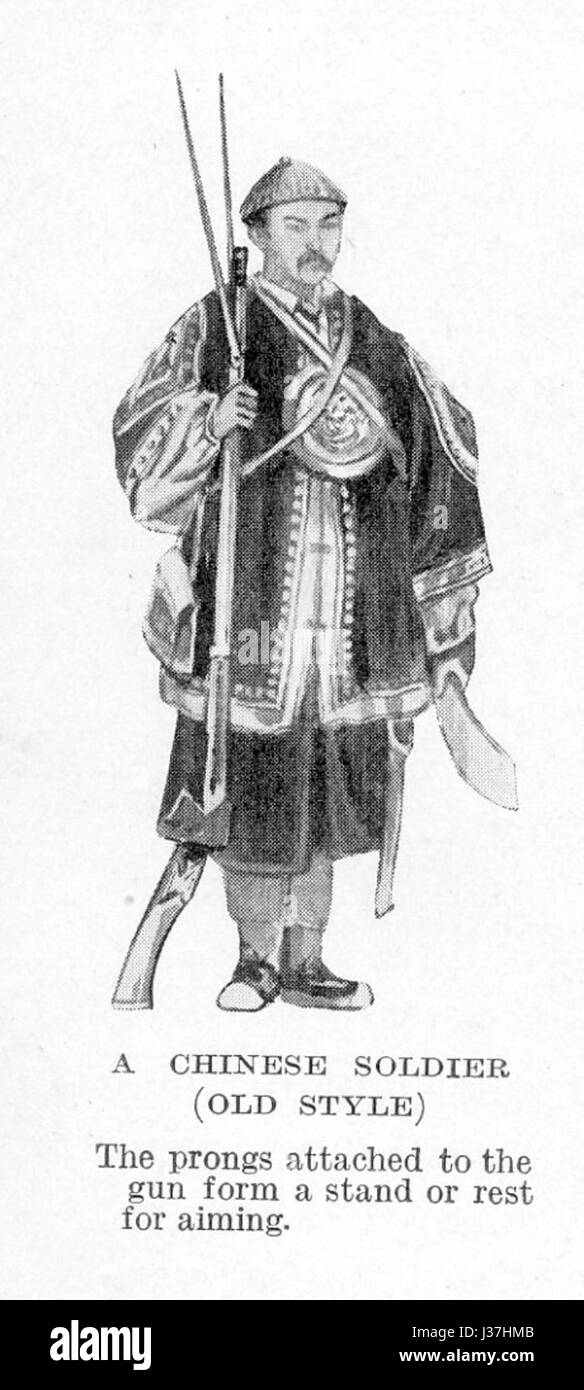 A Chinese soldier from the early 19th century likely represents military attire and the role of the Chinese army during the Qing Dynasty. The image may capture a uniform or posture reflective of the military structure in the early 1800s, a period marked by internal strife and foreign pressures. Stock Photo