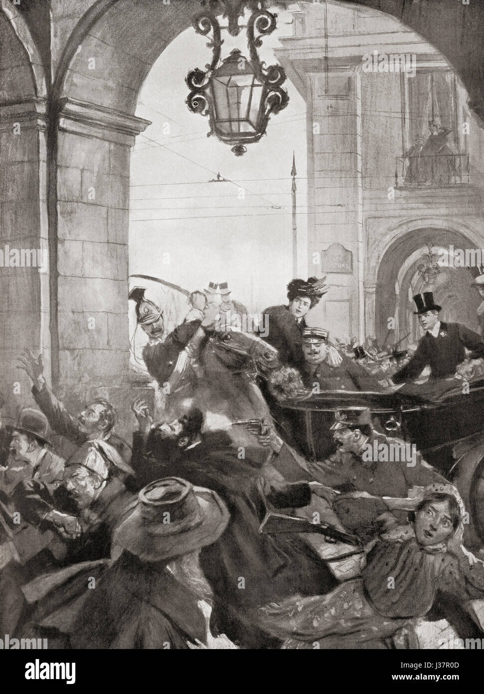 The assassination of King Carlos I of Portugal and his son Luís Filipe in 1908 by Alfredo Costa and Manuel Buiça, two members of a revolutionary society called the Carbonária. Dom Carlos I of Portugal aka the Diplomat or the Martyr, 1863 – 1908. King of Portugal and the Algarves.  D. Luís Filipe, Prince Royal of Portugal, Duke of Braganza, 1887 – 1908.  From Hutchinson's History of the Nations, published 1915. Stock Photo