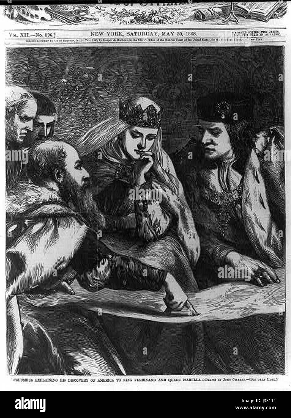 Columbus explaining his discovery to King Ferdinand and Queen Isabella