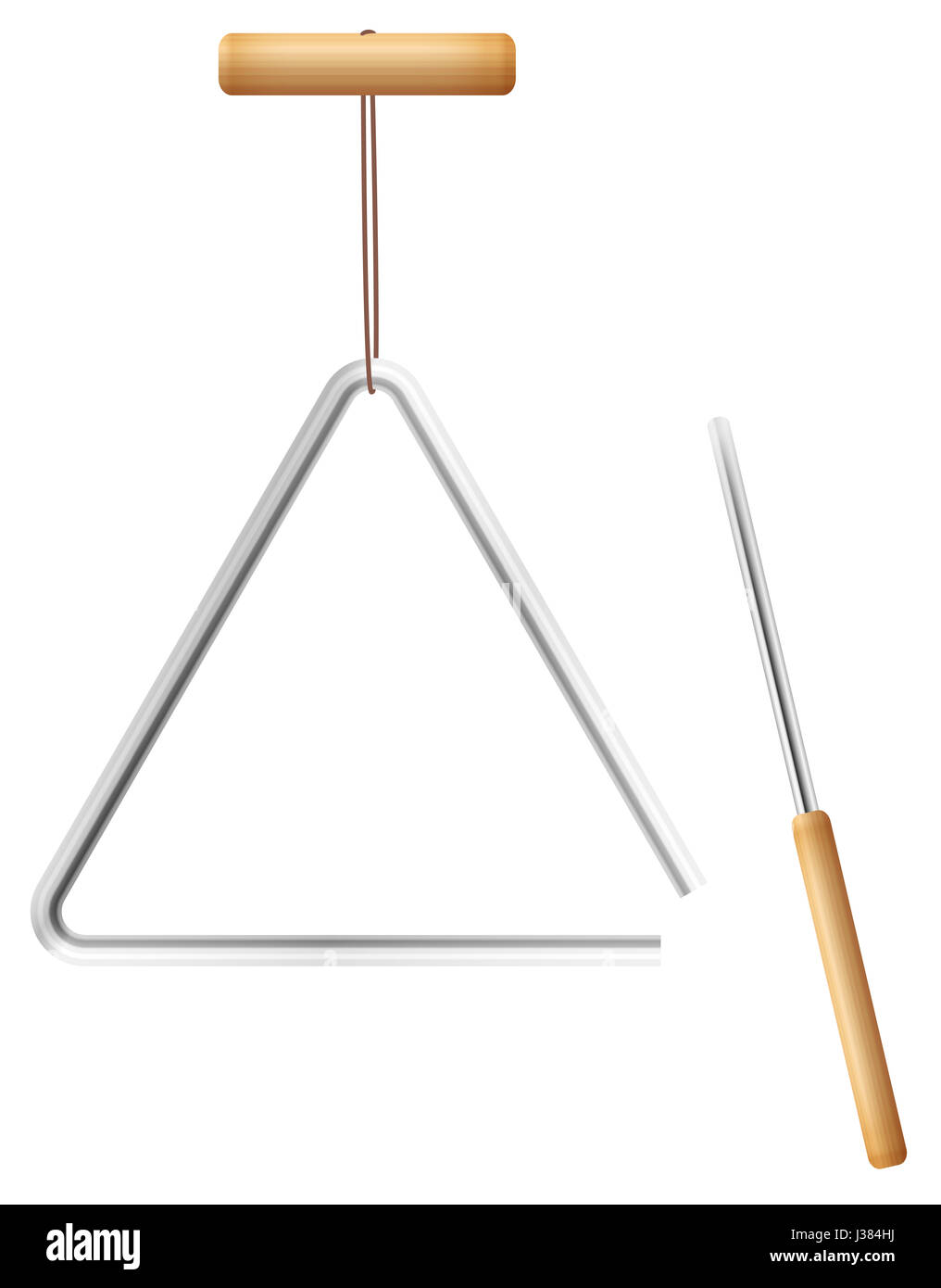 Triangle on a string and metal beater with wooden handle - musical instrument in the percussion family - isolated  illustration on white background. Stock Photo