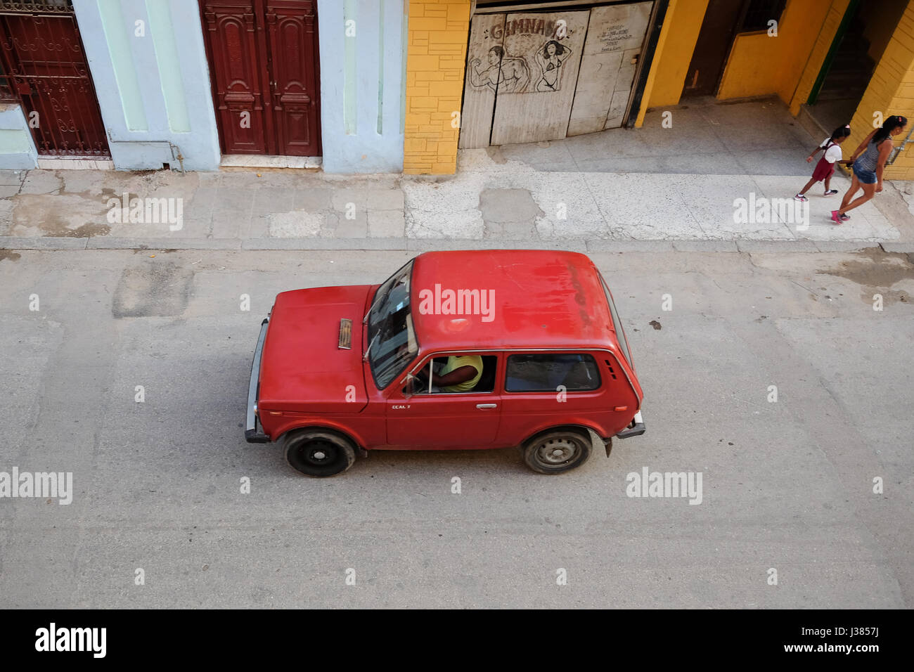 red classic car in old havana, Cuba. Top view. Stock Photo