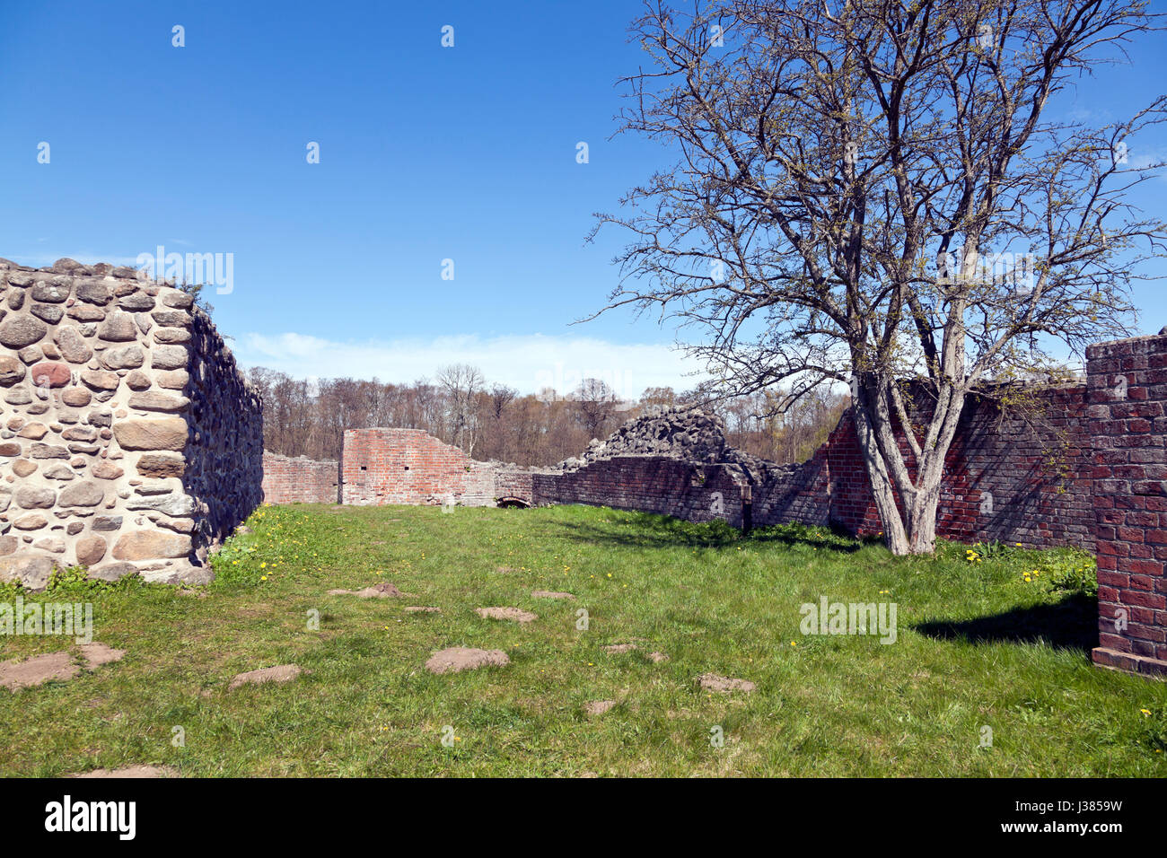 Interior of the Gurre Castle Ruin, a Royal castle from the 12th century in North Zealand near Elsinore in Denmark from the early medieval times. Stock Photo