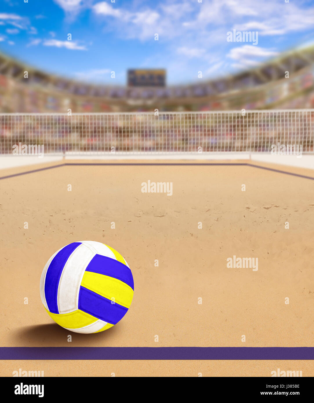 Outdoor beach volleyball arena full of fans in the stands with ball on