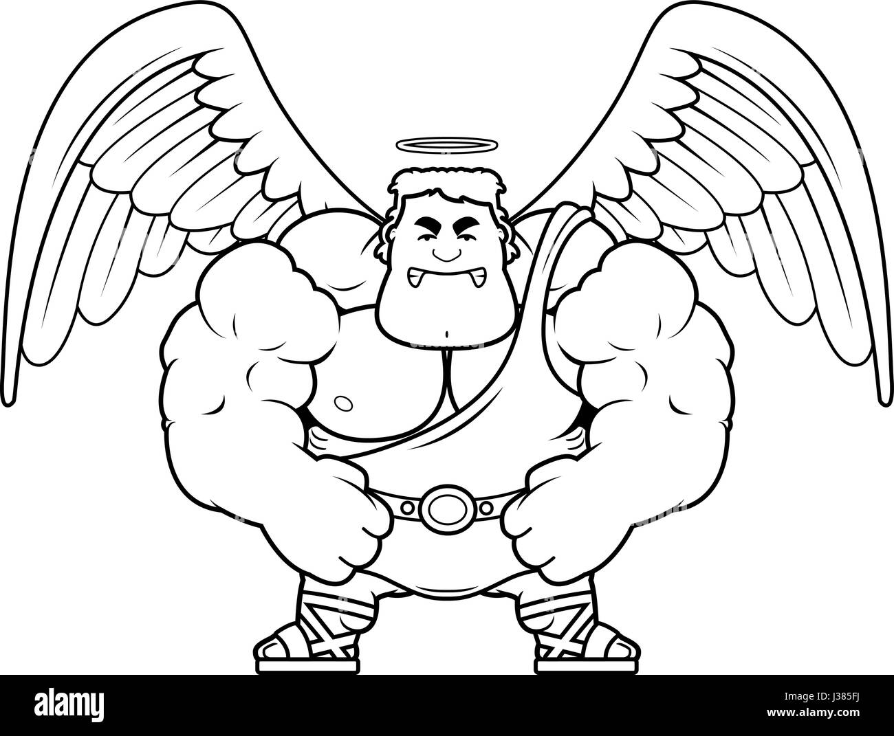 A cartoon illustration of a muscular angel looking angry. Stock Vector