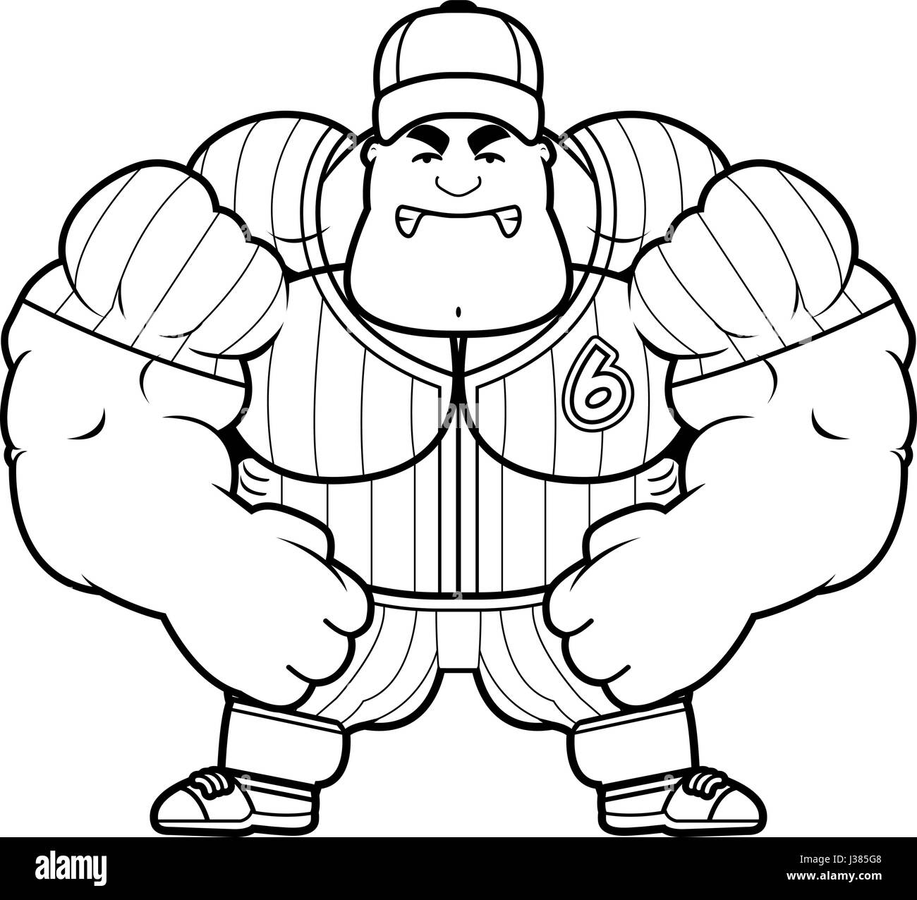A cartoon illustration of a muscular baseball player looking angry. Stock Vector