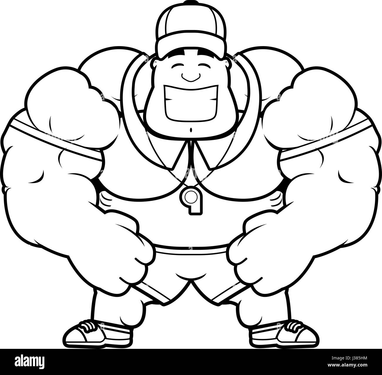 A cartoon illustration of a muscular coach smiling. Stock Vector