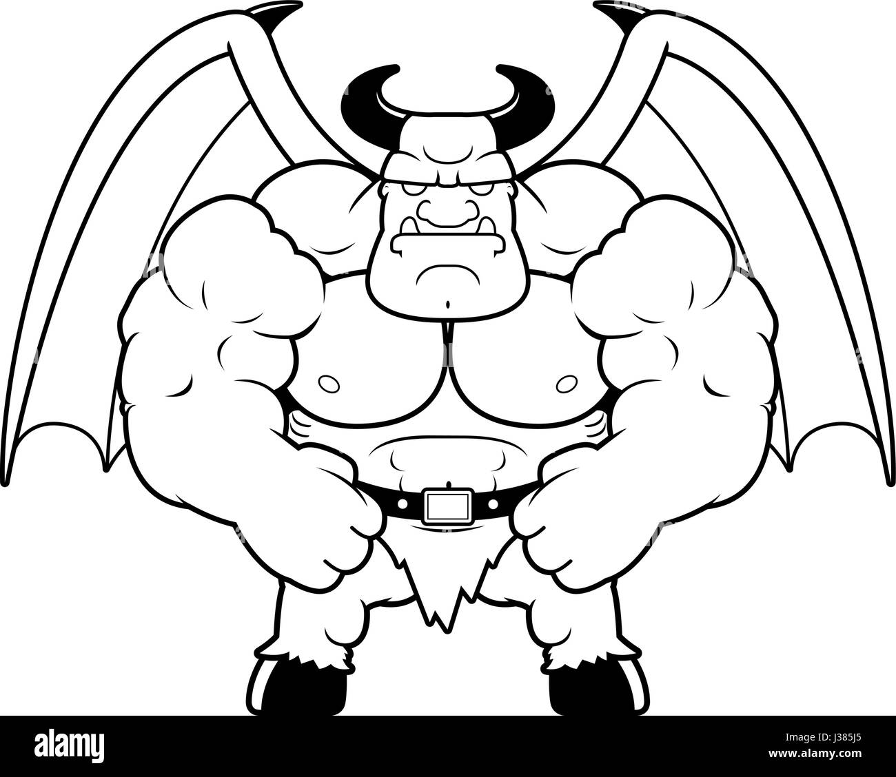 A cartoon illustration of a muscular demon flexing. Stock Vector