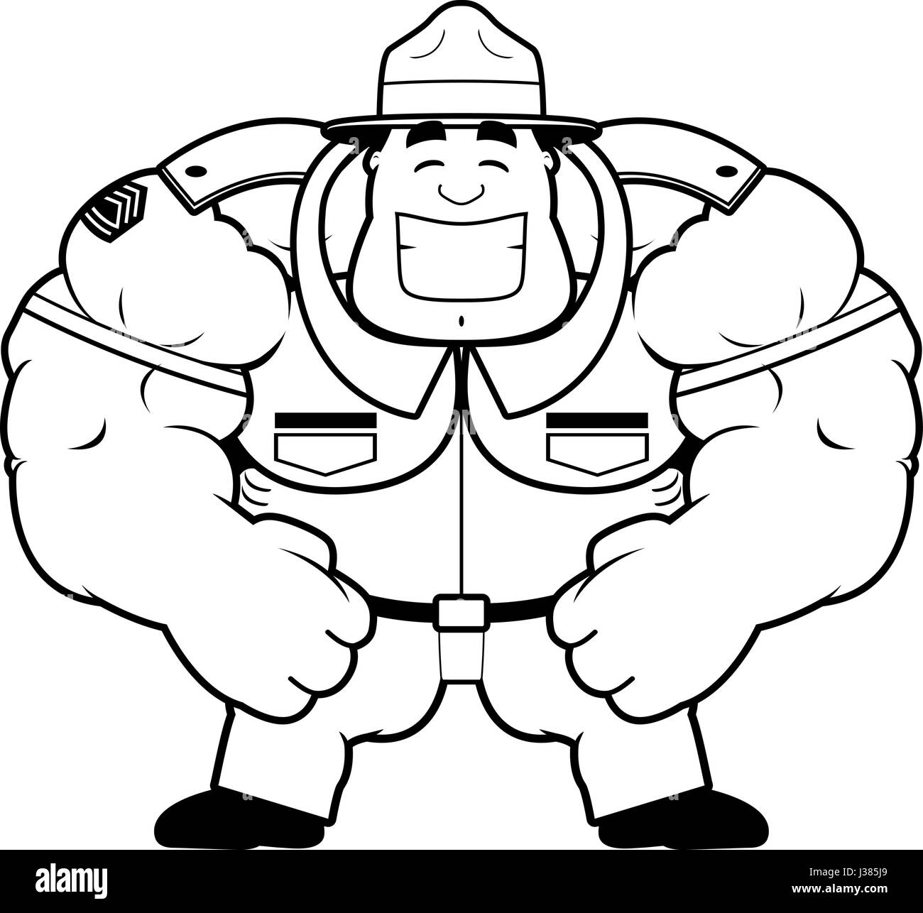 A cartoon illustration of a muscular drill sergeant smiling. Stock Vector