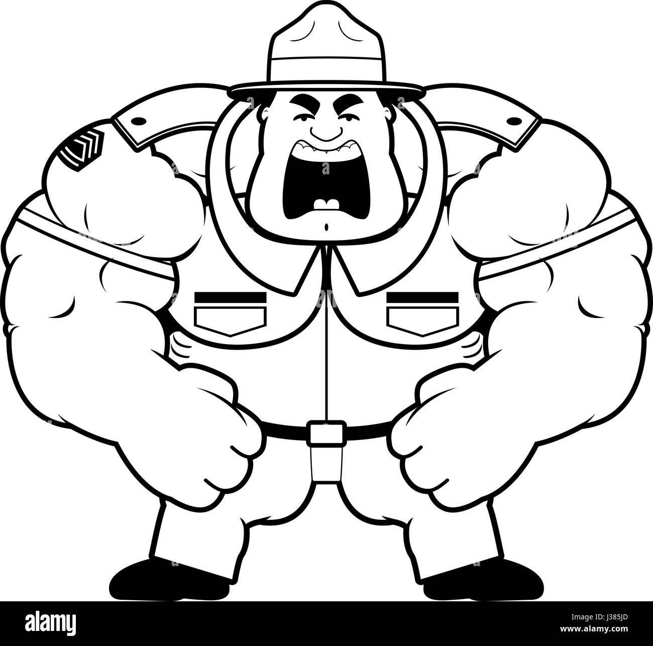 A cartoon illustration of a muscular drill sergeant yelling. Stock Vector