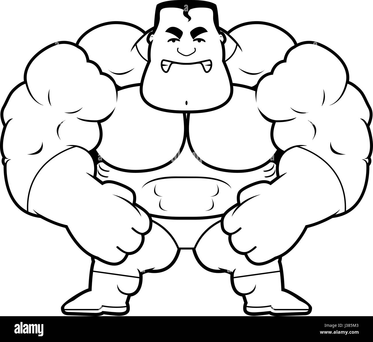A cartoon illustration of a muscular superhero looking angry. Stock Vector