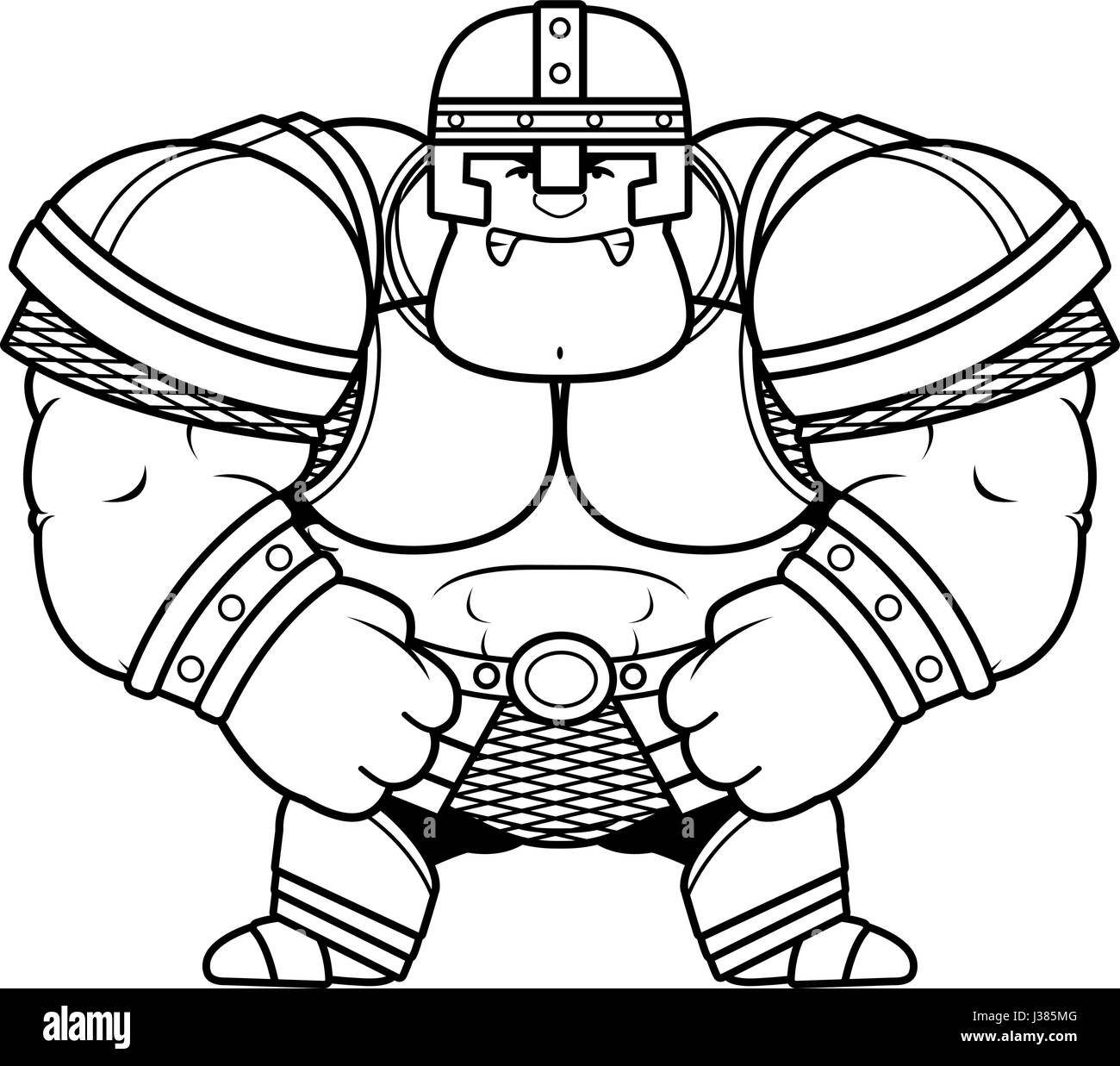 A cartoon illustration of a muscular warrior in armor looking angry. Stock Vector